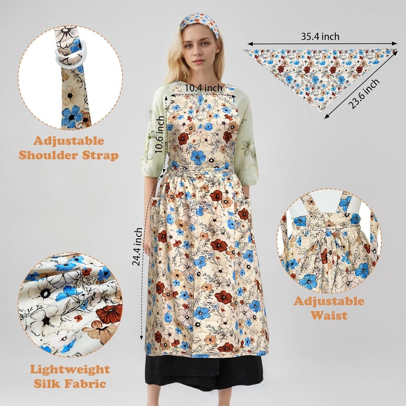 Cityelf Vintage Pinafore Floral Apron Dress with Headscarf Set Adjustable Cross Back with Pocket for Kitchen Baking Gardening - Image 3